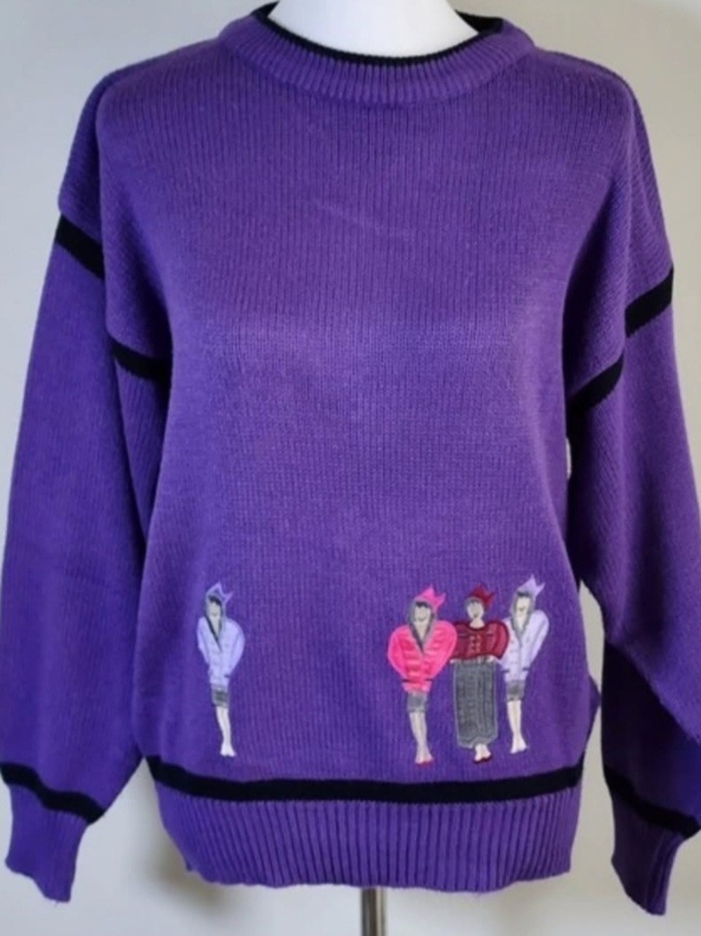 Purple Crewneck Sweater with Embroidered Figures